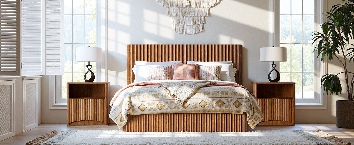 Evermagin Walnut Queen Lift Up Storage Bed Frame, Mid Century Modern Fluted Bed Frame, Wood Hydraulic Queen Size Bedframe with Headboard