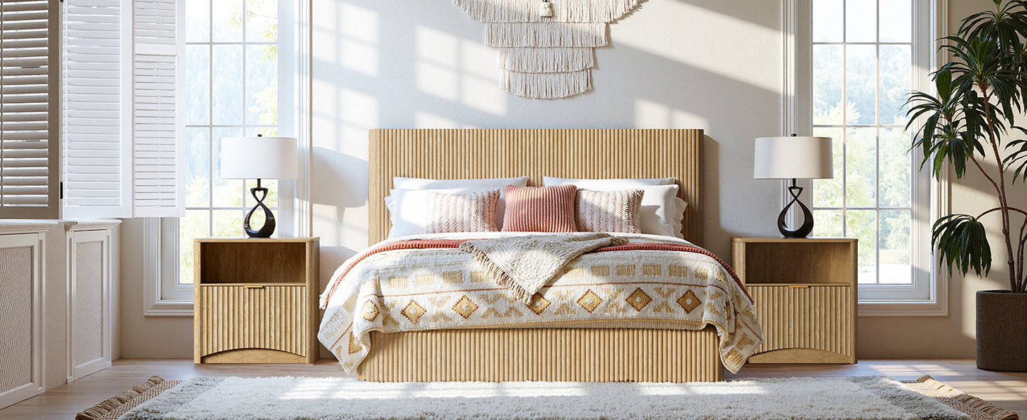 Evermagin Natural Queen Lift Up Storage Bed Frame, Mid Century Modern Fluted Bed Frame, Wood Hydraulic Queen Size Bedframe with Headboard