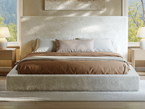 Evermagin White King Upholstered Bed Frame with Headboard,Soft Frame Cloud Bed with Adjust 2 Bedside Table,Modern Platform Cushion Bed Frame for Bedroom,No Box Spring Required, Easy Assembly