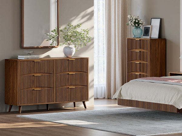 Evermagin 54" Wide Fluted 6 Drawer Dresser, Mid Century Modern Curved Dresser, Light Wood Chest of Drawers for Bedroom, Living Room and Entryway, Walnut