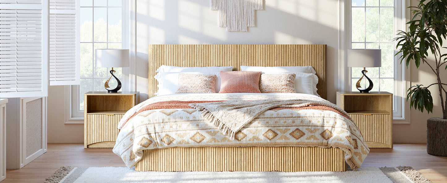 Evermagin Natural King Lift Up Storage Bed Frame, Mid Century Modern Fluted Bed Frame, Wood Hydraulic King Size Bedframe with Headboard