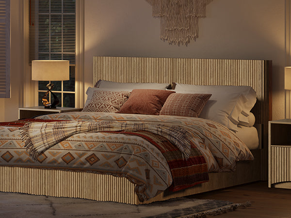 Evermagin Natural King Lift Up Storage Bed Frame, Mid Century Modern Fluted Bed Frame, Wood Hydraulic King Size Bedframe with Headboard