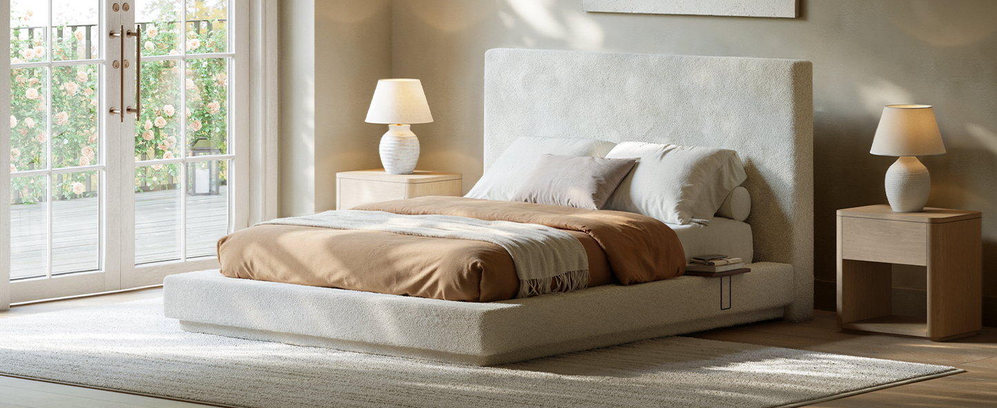 Evermagin White King Upholstered Bed Frame with Headboard,Soft Frame Cloud Bed with Adjust 2 Bedside Table,Modern Platform Cushion Bed Frame for Bedroom,No Box Spring Required, Easy Assembly