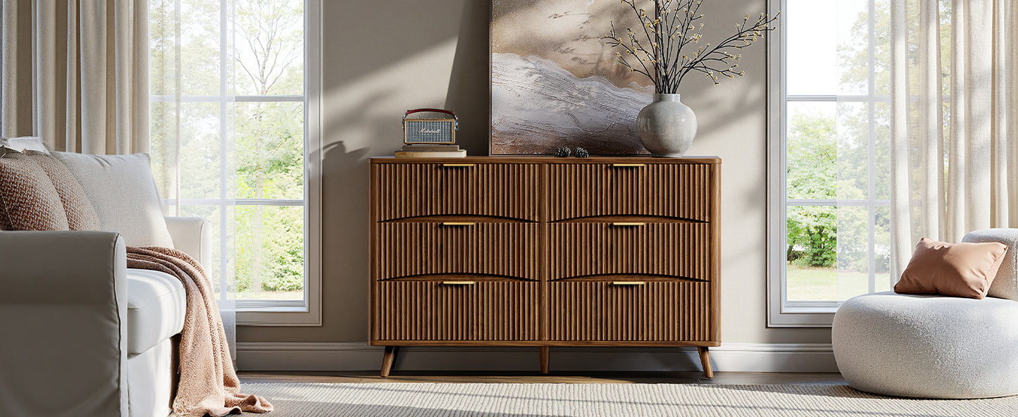 Evermagin 54" Wide Fluted 6 Drawer Dresser, Mid Century Modern Curved Dresser, Light Wood Chest of Drawers for Bedroom, Living Room and Entryway, Walnut