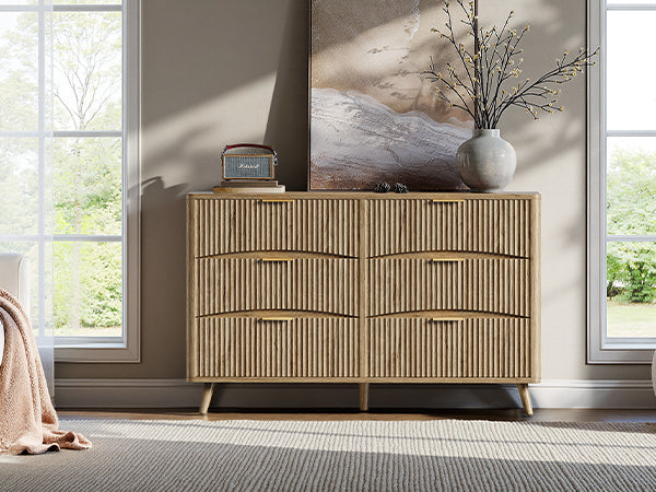 Evermagin 54" Wide Fluted 6 Drawer Dresser, Mid Century Modern Curved Dresser, Light Wood Chest of Drawers for Bedroom, Living Room and Entryway, Natural Oak