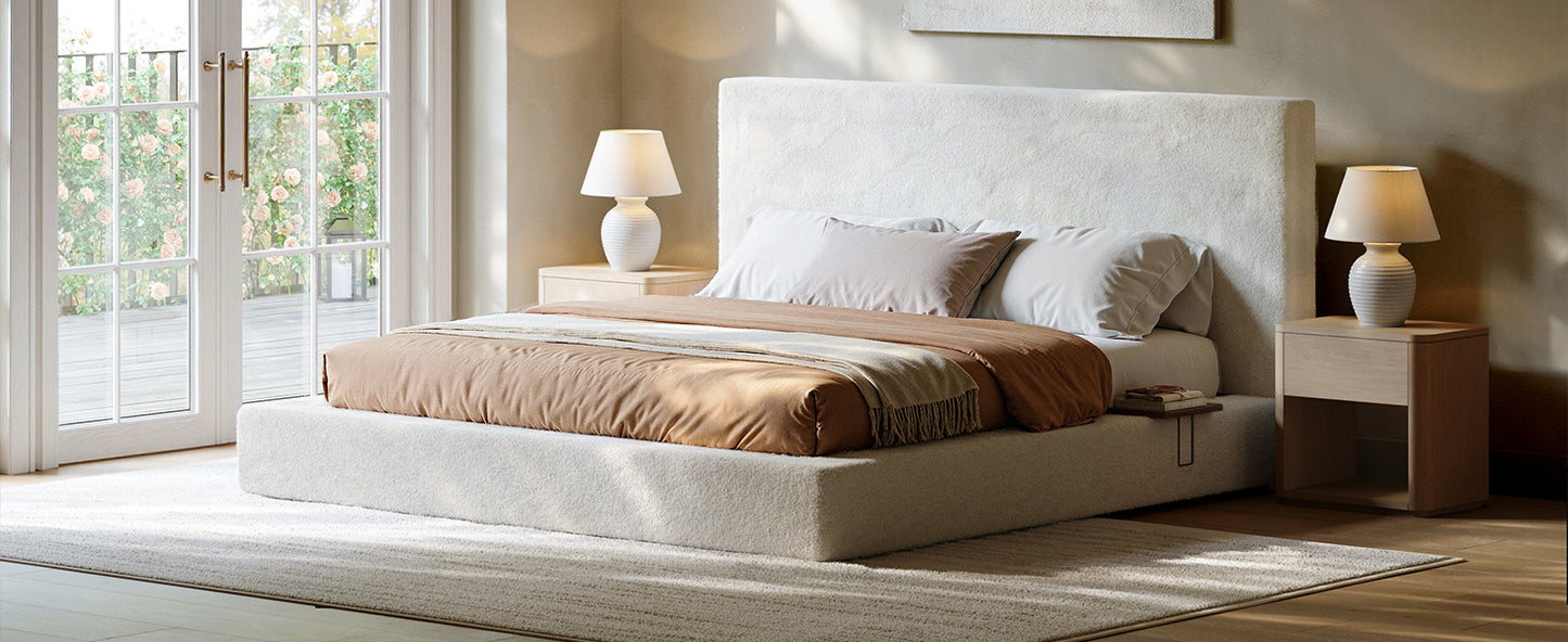 Evermagin White King Upholstered Bed Frame with Headboard,Soft Frame Cloud Bed with Adjust 2 Bedside Table,Modern Platform Cushion Bed Frame for Bedroom,No Box Spring Required, Easy Assembly