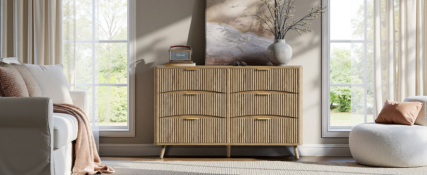 Evermagin 54" Wide Fluted 6 Drawer Dresser, Mid Century Modern Curved Dresser, Light Wood Chest of Drawers for Bedroom, Living Room and Entryway, Natural Oak