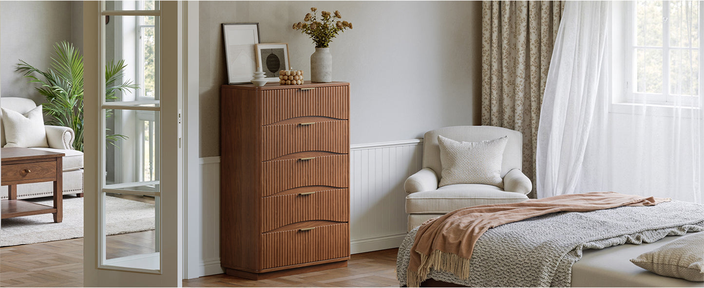 Evermagin Fluted 5 Drawers Dresser, 47" Tall Wooden Dressers Storage Organizer,Modern Chest of Drawers for Bedroom with Deep Storage, Living Room,Entryway, Walnut