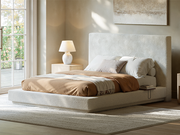 Evermagin White King Upholstered Bed Frame with Headboard,Soft Frame Cloud Bed with Adjust 2 Bedside Table,Modern Platform Cushion Bed Frame for Bedroom,No Box Spring Required, Easy Assembly
