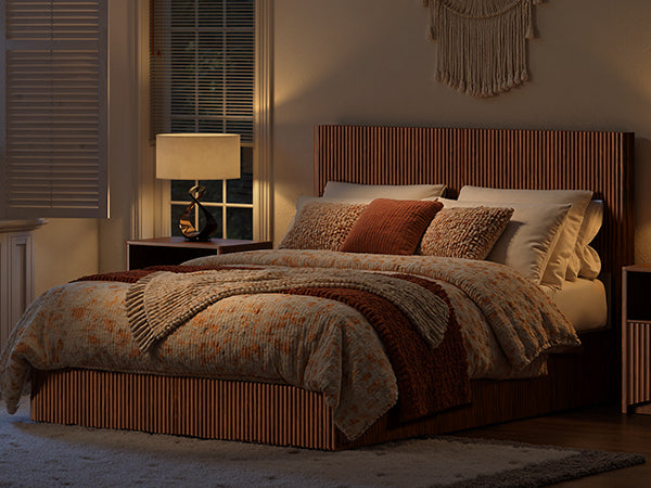Evermagin Walnut Queen Lift Up Storage Bed Frame, Mid Century Modern Fluted Bed Frame, Wood Hydraulic Queen Size Bedframe with Headboard
