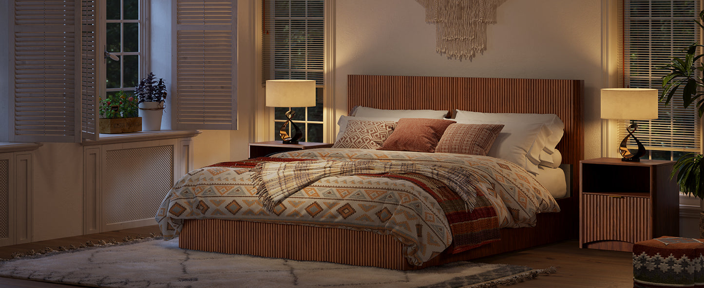 Evermagin Walnut King Lift Up Storage Bed Frame, Mid Century Modern Fluted Bed Frame, Wood Hydraulic King Size Bedframe with Headboard