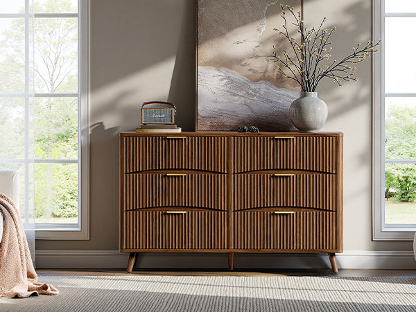 Evermagin 54" Wide Fluted 6 Drawer Dresser, Mid Century Modern Curved Dresser, Light Wood Chest of Drawers for Bedroom, Living Room and Entryway, Walnut