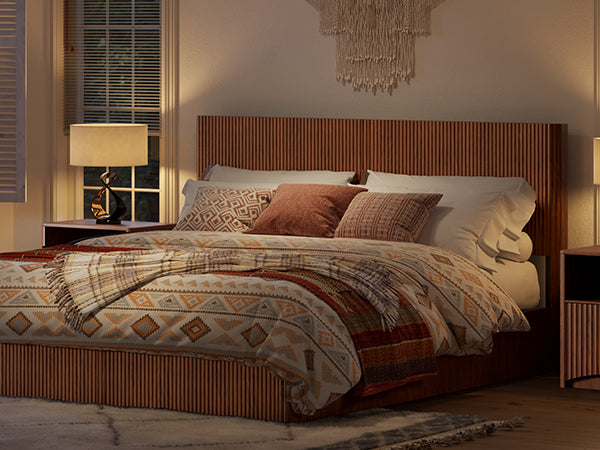 Evermagin Walnut King Lift Up Storage Bed Frame, Mid Century Modern Fluted Bed Frame, Wood Hydraulic King Size Bedframe with Headboard