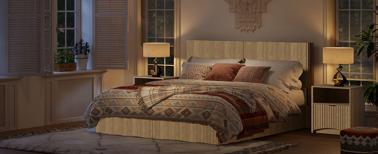 Evermagin Natural King Lift Up Storage Bed Frame, Mid Century Modern Fluted Bed Frame, Wood Hydraulic King Size Bedframe with Headboard