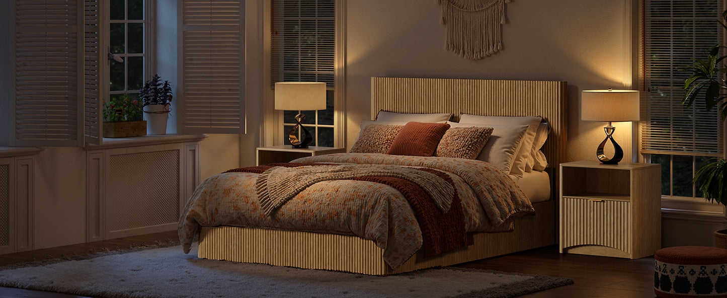 Evermagin Natural Queen Lift Up Storage Bed Frame, Mid Century Modern Fluted Bed Frame, Wood Hydraulic Queen Size Bedframe with Headboard