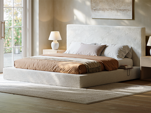 Evermagin White King Upholstered Bed Frame with Headboard,Soft Frame Cloud Bed with Adjust 2 Bedside Table,Modern Platform Cushion Bed Frame for Bedroom,No Box Spring Required, Easy Assembly