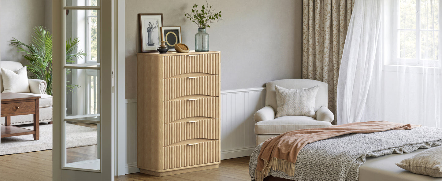Evermagin Fluted 5 Drawers Dresser, 47" Tall Wooden Dressers Storage Organizer,Modern Chest of Drawers for Bedroom with Deep Storage, Living Room,Entryway, Natural Oak
