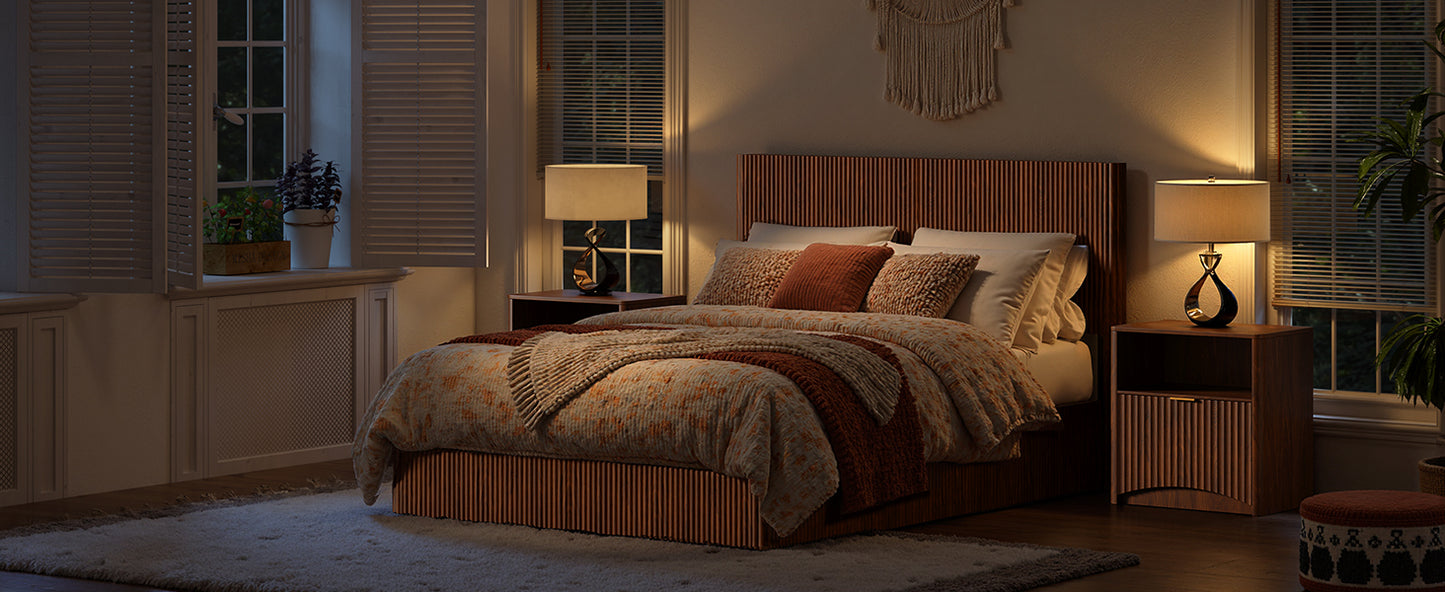 Evermagin Walnut Queen Lift Up Storage Bed Frame, Mid Century Modern Fluted Bed Frame, Wood Hydraulic Queen Size Bedframe with Headboard
