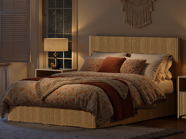 Evermagin Natural Queen Lift Up Storage Bed Frame, Mid Century Modern Fluted Bed Frame, Wood Hydraulic Queen Size Bedframe with Headboard