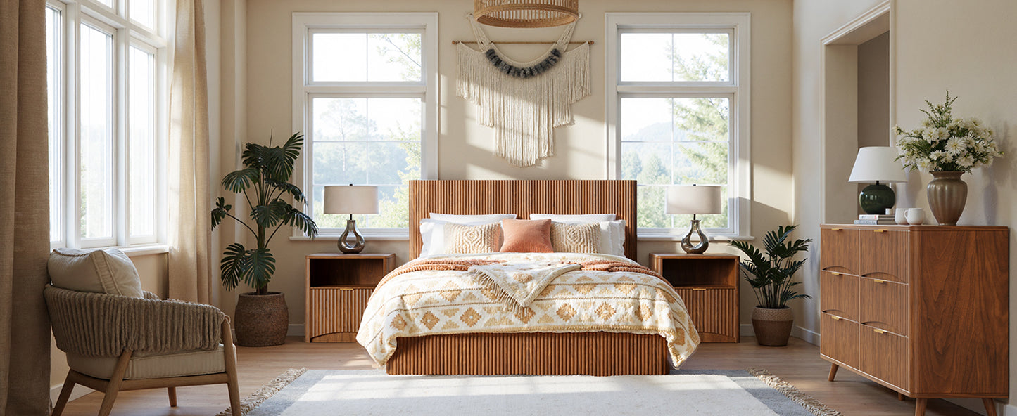 Evermagin Walnut Queen Lift Up Storage Bed Frame, Mid Century Modern Fluted Bed Frame, Wood Hydraulic Queen Size Bedframe with Headboard