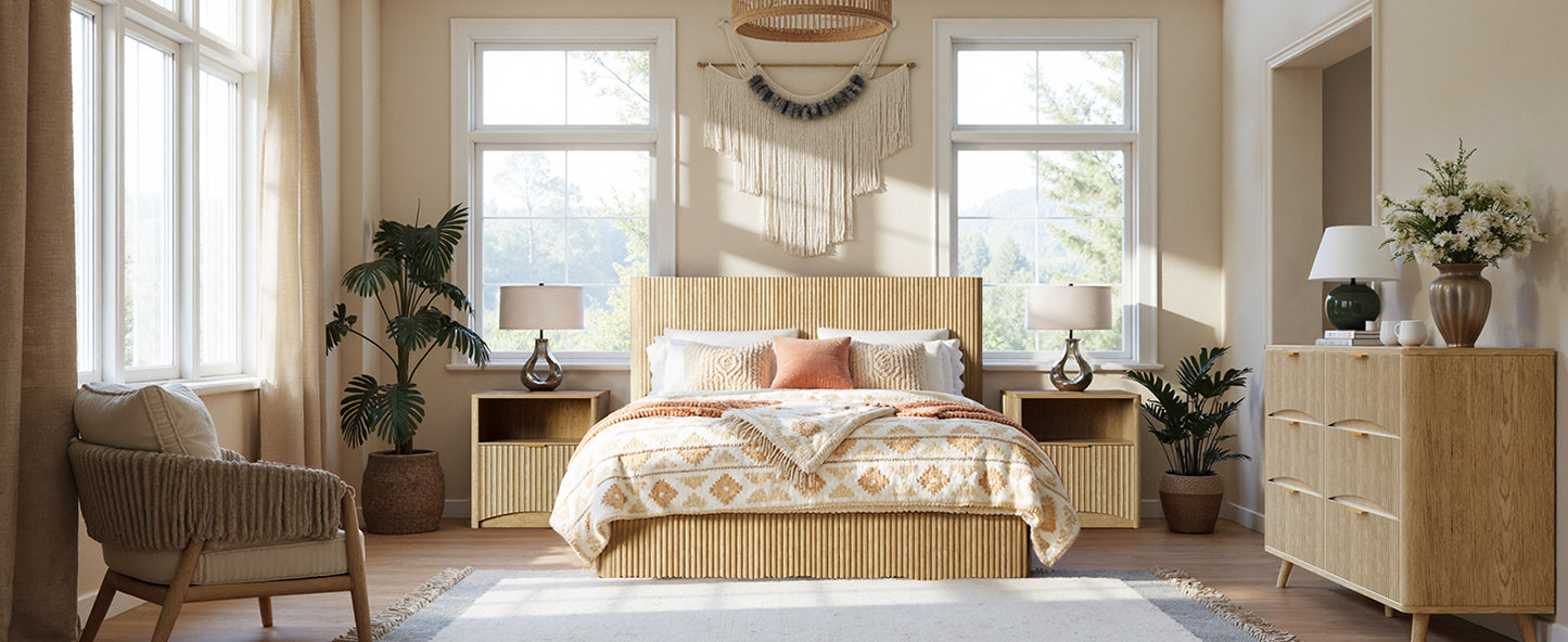 Evermagin Natural Queen Lift Up Storage Bed Frame, Mid Century Modern Fluted Bed Frame, Wood Hydraulic Queen Size Bedframe with Headboard