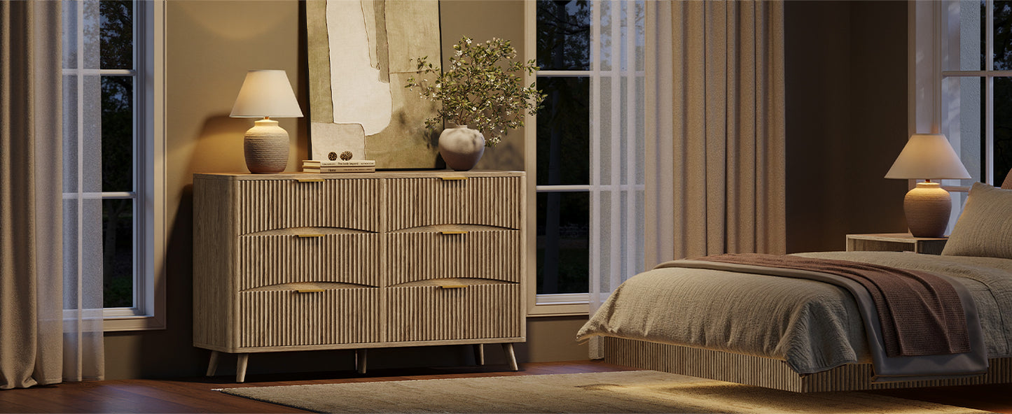 Evermagin 54" Wide Fluted 6 Drawer Dresser, Mid Century Modern Curved Dresser, Light Wood Chest of Drawers for Bedroom, Living Room and Entryway, Natural Oak