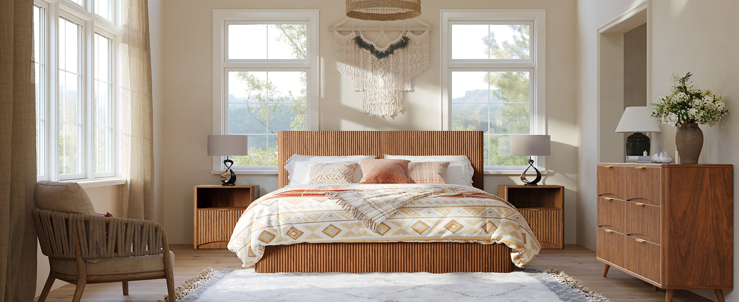 Evermagin Walnut King Lift Up Storage Bed Frame, Mid Century Modern Fluted Bed Frame, Wood Hydraulic King Size Bedframe with Headboard