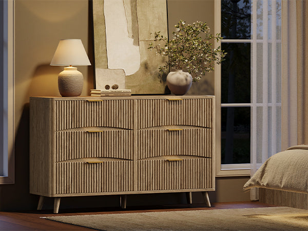 Evermagin 54" Wide Fluted 6 Drawer Dresser, Mid Century Modern Curved Dresser, Light Wood Chest of Drawers for Bedroom, Living Room and Entryway, Natural Oak