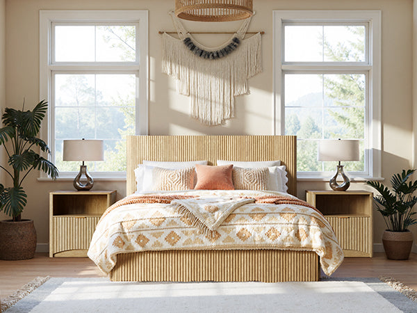 Evermagin Natural Queen Lift Up Storage Bed Frame, Mid Century Modern Fluted Bed Frame, Wood Hydraulic Queen Size Bedframe with Headboard