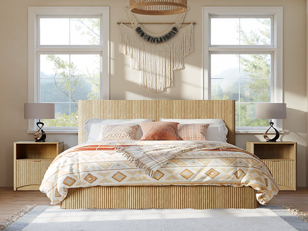 Evermagin Natural King Lift Up Storage Bed Frame, Mid Century Modern Fluted Bed Frame, Wood Hydraulic King Size Bedframe with Headboard