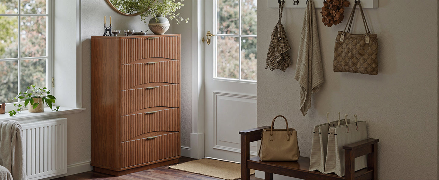 Evermagin Fluted 5 Drawers Dresser, 47" Tall Wooden Dressers Storage Organizer,Modern Chest of Drawers for Bedroom with Deep Storage, Living Room,Entryway, Walnut
