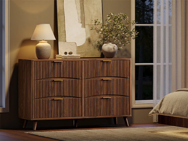 Evermagin 54" Wide Fluted 6 Drawer Dresser, Mid Century Modern Curved Dresser, Light Wood Chest of Drawers for Bedroom, Living Room and Entryway, Walnut