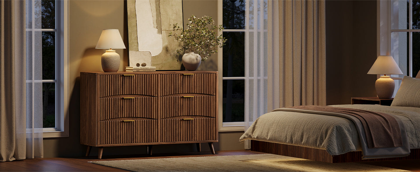 Evermagin 54" Wide Fluted 6 Drawer Dresser, Mid Century Modern Curved Dresser, Light Wood Chest of Drawers for Bedroom, Living Room and Entryway, Walnut