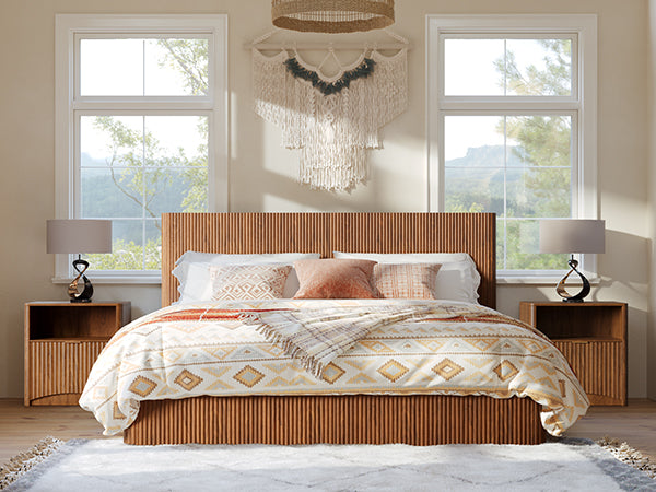 Evermagin Walnut King Lift Up Storage Bed Frame, Mid Century Modern Fluted Bed Frame, Wood Hydraulic King Size Bedframe with Headboard