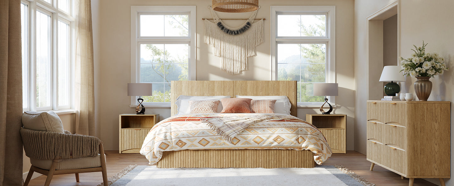 Evermagin Natural King Lift Up Storage Bed Frame, Mid Century Modern Fluted Bed Frame, Wood Hydraulic King Size Bedframe with Headboard