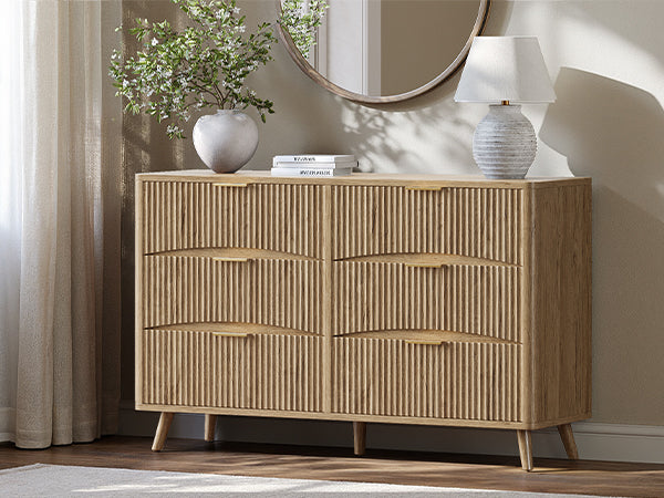 Evermagin 54" Wide Fluted 6 Drawer Dresser, Mid Century Modern Curved Dresser, Light Wood Chest of Drawers for Bedroom, Living Room and Entryway, Natural Oak