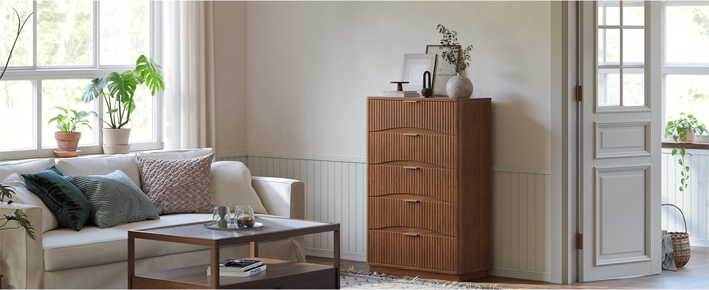 Evermagin Fluted 5 Drawers Dresser, 47" Tall Wooden Dressers Storage Organizer,Modern Chest of Drawers for Bedroom with Deep Storage, Living Room,Entryway, Walnut