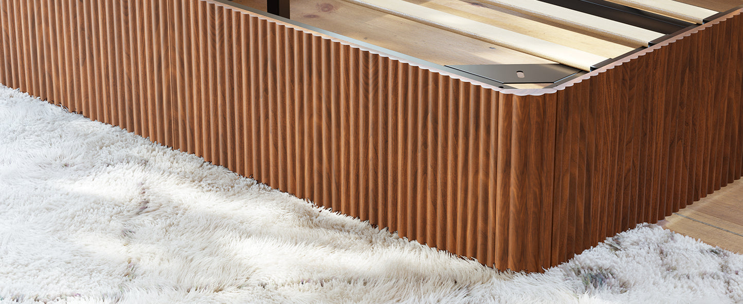 Evermagin Walnut Queen Lift Up Storage Bed Frame, Mid Century Modern Fluted Bed Frame, Wood Hydraulic Queen Size Bedframe with Headboard