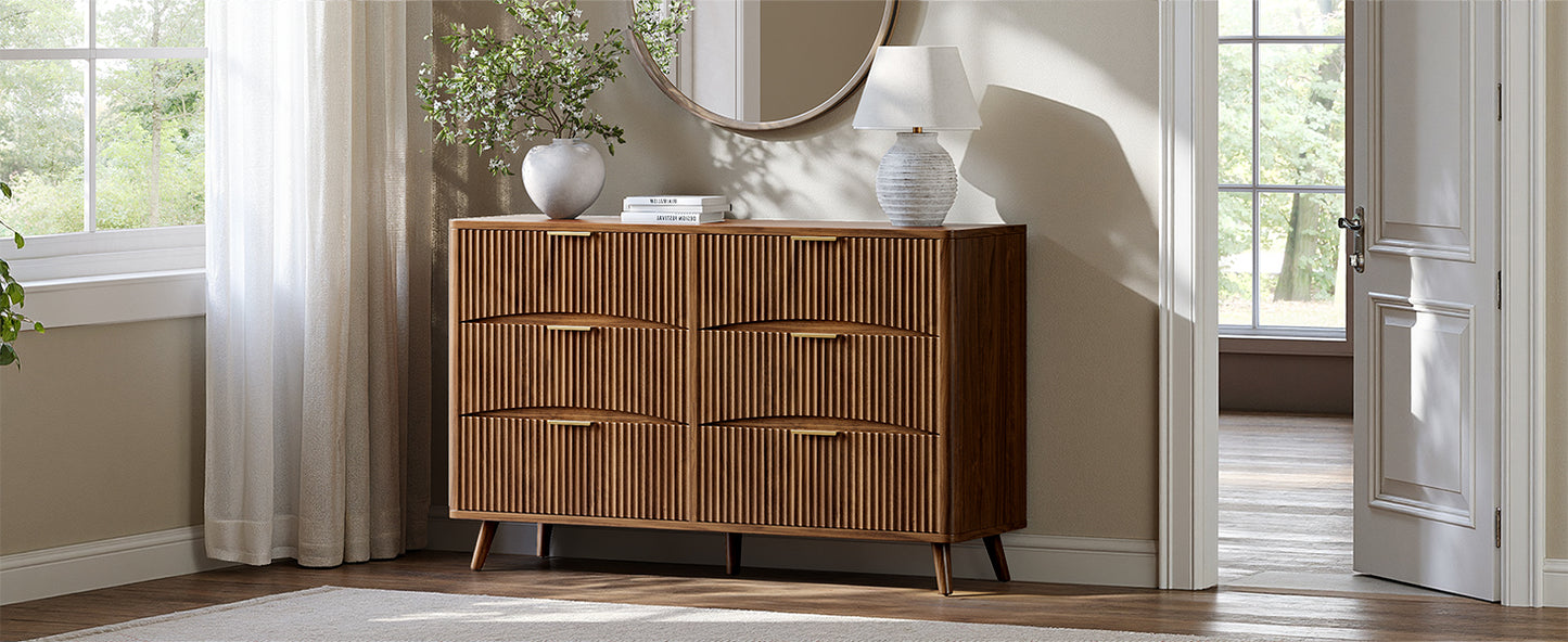 Evermagin 54" Wide Fluted 6 Drawer Dresser, Mid Century Modern Curved Dresser, Light Wood Chest of Drawers for Bedroom, Living Room and Entryway, Walnut