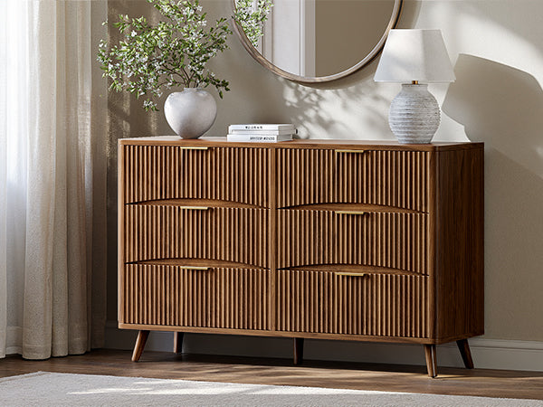 Evermagin 54" Wide Fluted 6 Drawer Dresser, Mid Century Modern Curved Dresser, Light Wood Chest of Drawers for Bedroom, Living Room and Entryway, Walnut