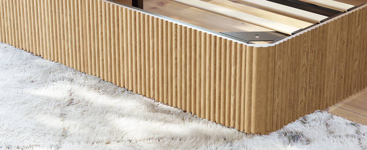 Evermagin Natural Queen Lift Up Storage Bed Frame, Mid Century Modern Fluted Bed Frame, Wood Hydraulic Queen Size Bedframe with Headboard
