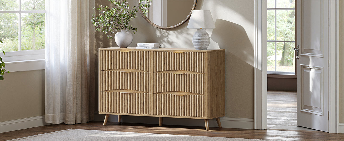 Evermagin 54" Wide Fluted 6 Drawer Dresser, Mid Century Modern Curved Dresser, Light Wood Chest of Drawers for Bedroom, Living Room and Entryway, Natural Oak