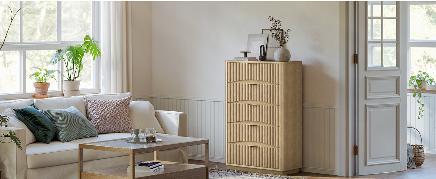 Evermagin Fluted 5 Drawers Dresser, 47" Tall Wooden Dressers Storage Organizer,Modern Chest of Drawers for Bedroom with Deep Storage, Living Room,Entryway, Natural Oak