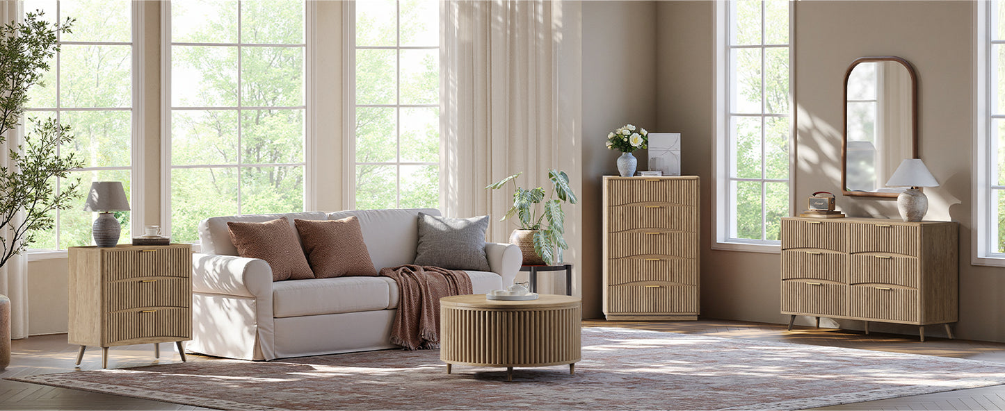 Evermagin 54" Wide Fluted 6 Drawer Dresser, Mid Century Modern Curved Dresser, Light Wood Chest of Drawers for Bedroom, Living Room and Entryway, Natural Oak