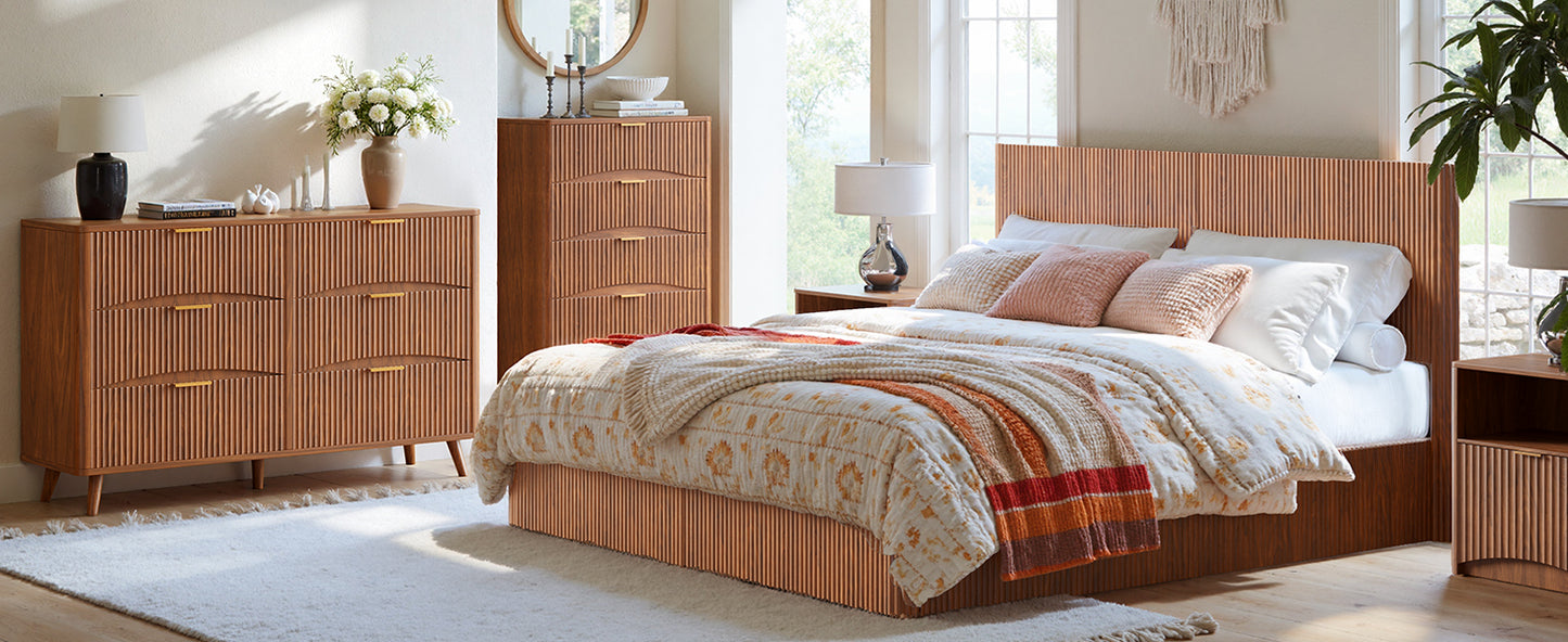Evermagin Walnut King Lift Up Storage Bed Frame, Mid Century Modern Fluted Bed Frame, Wood Hydraulic King Size Bedframe with Headboard