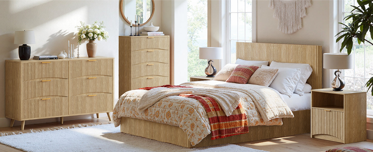 Evermagin Natural Queen Lift Up Storage Bed Frame, Mid Century Modern Fluted Bed Frame, Wood Hydraulic Queen Size Bedframe with Headboard