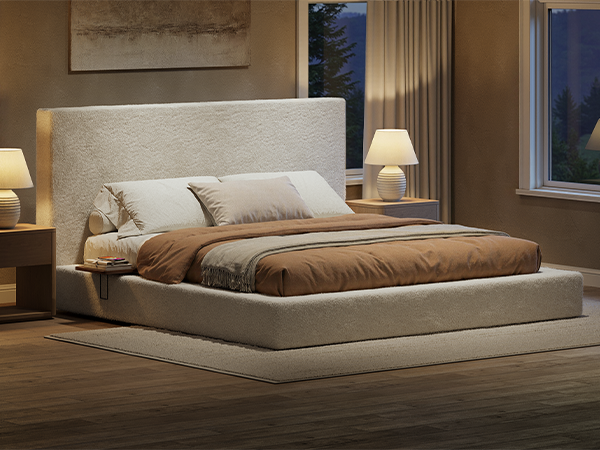 Evermagin White King Upholstered Bed Frame with Headboard,Soft Frame Cloud Bed with Adjust 2 Bedside Table,Modern Platform Cushion Bed Frame for Bedroom,No Box Spring Required, Easy Assembly