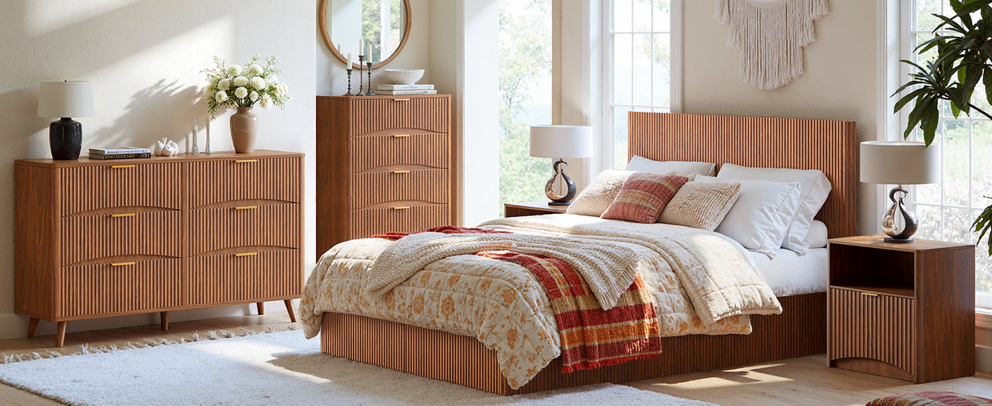 Evermagin Walnut Queen Lift Up Storage Bed Frame, Mid Century Modern Fluted Bed Frame, Wood Hydraulic Queen Size Bedframe with Headboard