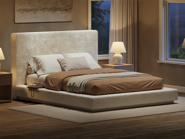 Evermagin White King Upholstered Bed Frame with Headboard,Soft Frame Cloud Bed with Adjust 2 Bedside Table,Modern Platform Cushion Bed Frame for Bedroom,No Box Spring Required, Easy Assembly