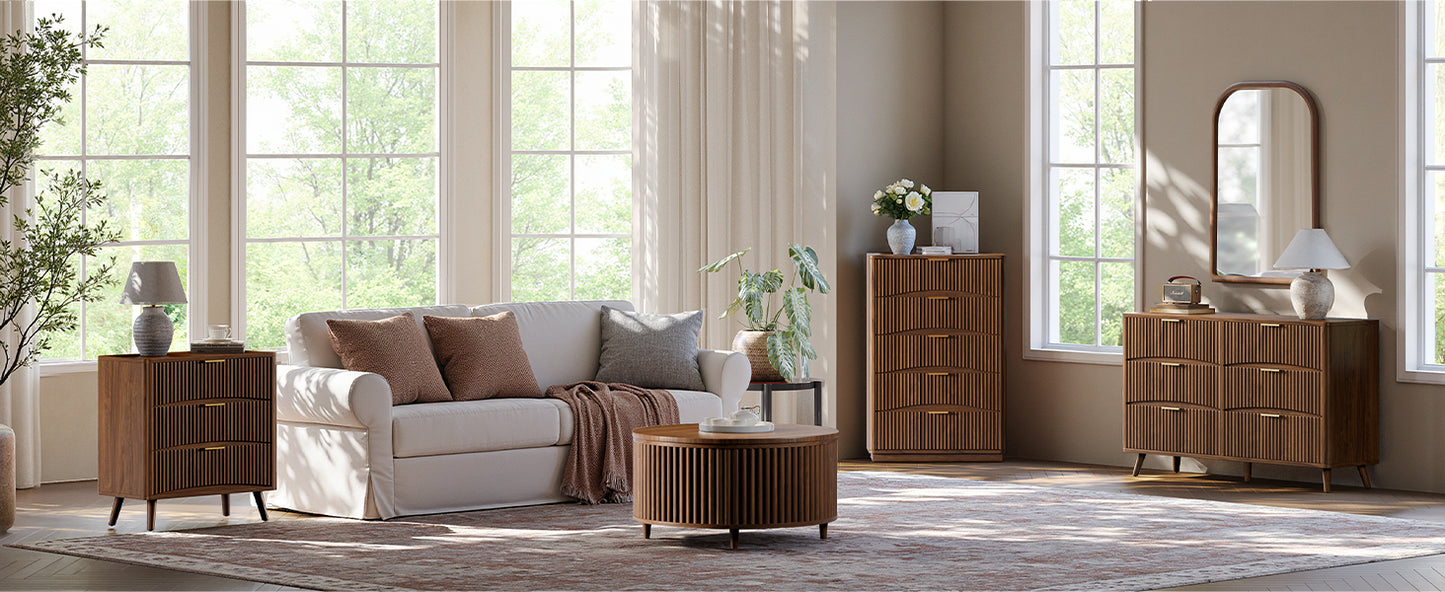 Evermagin 54" Wide Fluted 6 Drawer Dresser, Mid Century Modern Curved Dresser, Light Wood Chest of Drawers for Bedroom, Living Room and Entryway, Walnut
